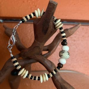 Bone, wood, and glass bead bracelet